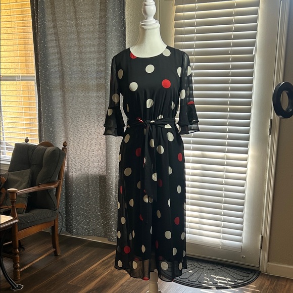 Anne Klein Dresses & Skirts - Anne Klein Black Midi Dress with Red and White Polka Dots